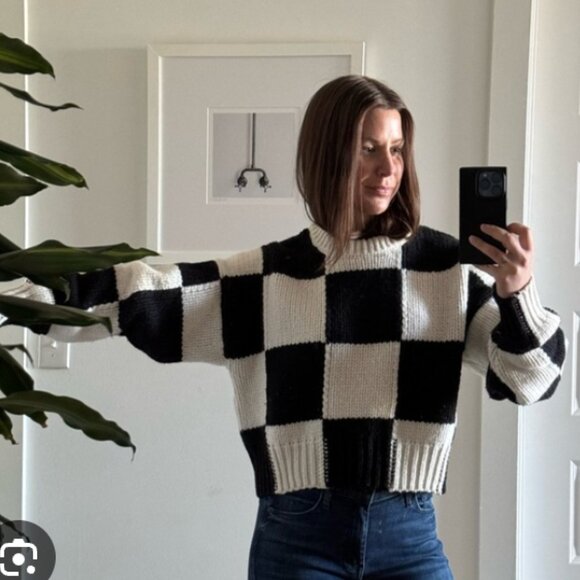 FRAME Cropped Checkered Crewneck Wool Sweater Size Large $600 - Picture 5 of 12